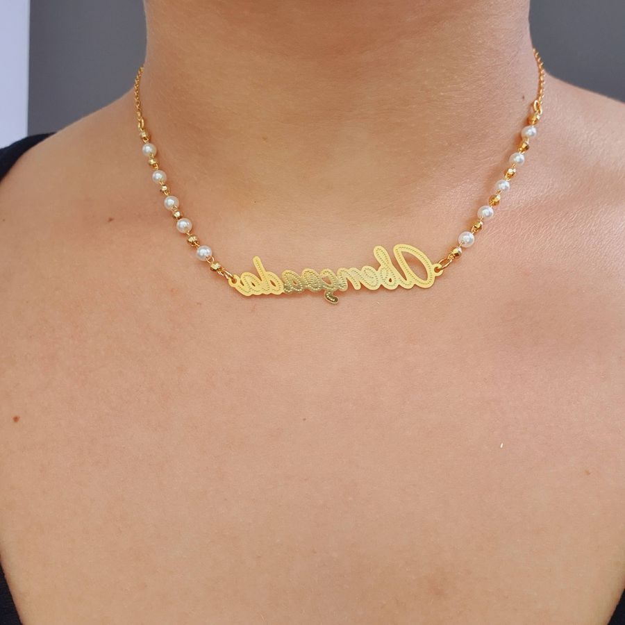 Colar Folheado A Ouro 18K Pérolas e Abençoada 
