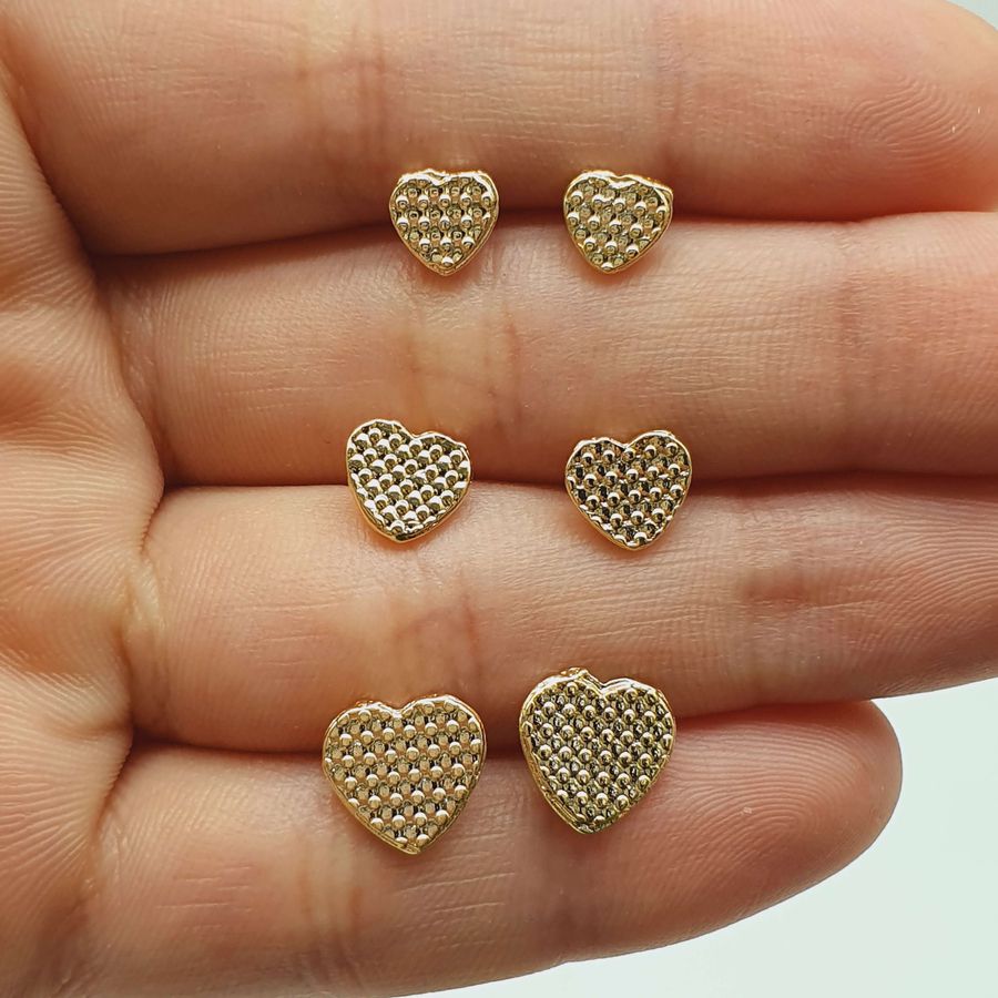 Kit De Brincos Folheados a Ouro 18K Coração Texturizado - Chérie Bijoux