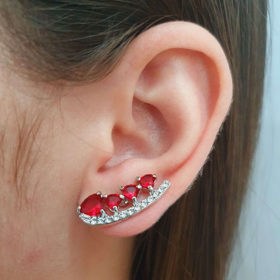 Brinco Ear Cuff Com Zircônia Coração Prata Vermelho 