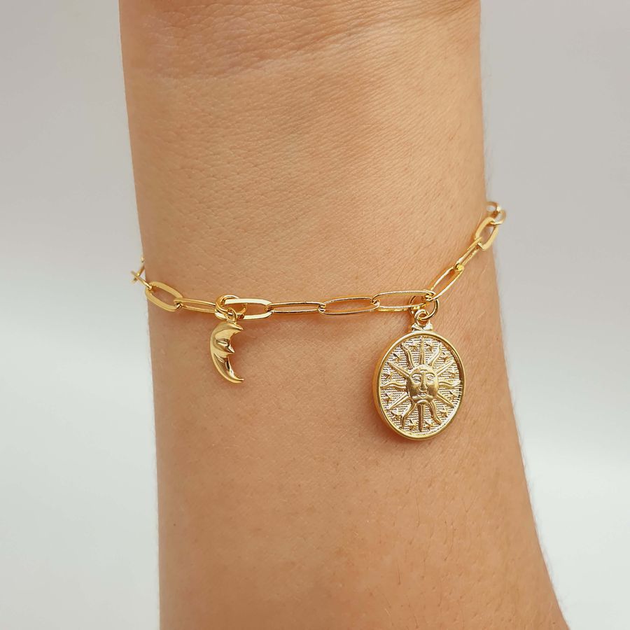 Pulseira Elos Folheada A Ouro 18K Sol e Lua