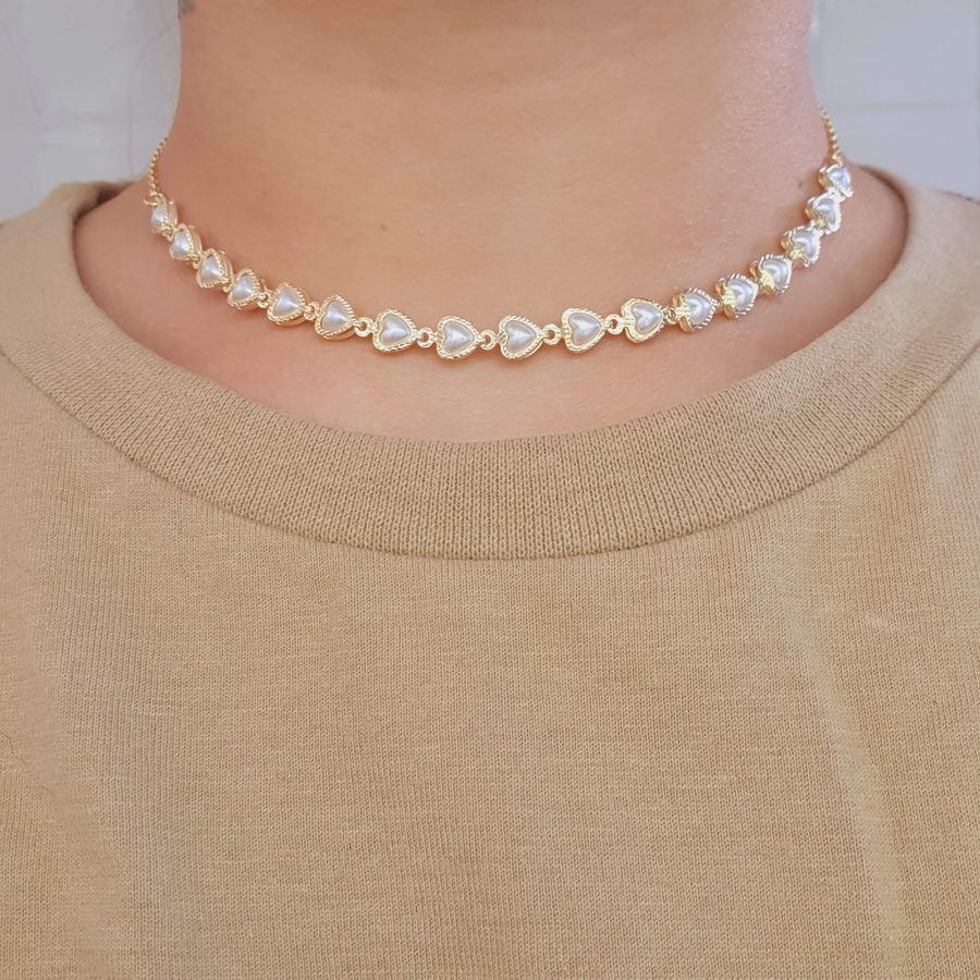 Colar Folheado A Ouro 18K Coração Perolado 