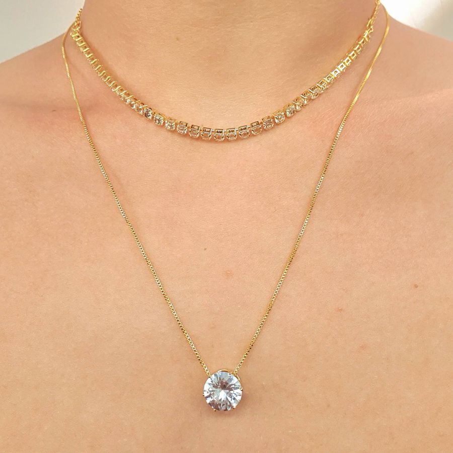 Colar Duplo Folheado A Ouro 18K Riviera Com Ponto De Luz 