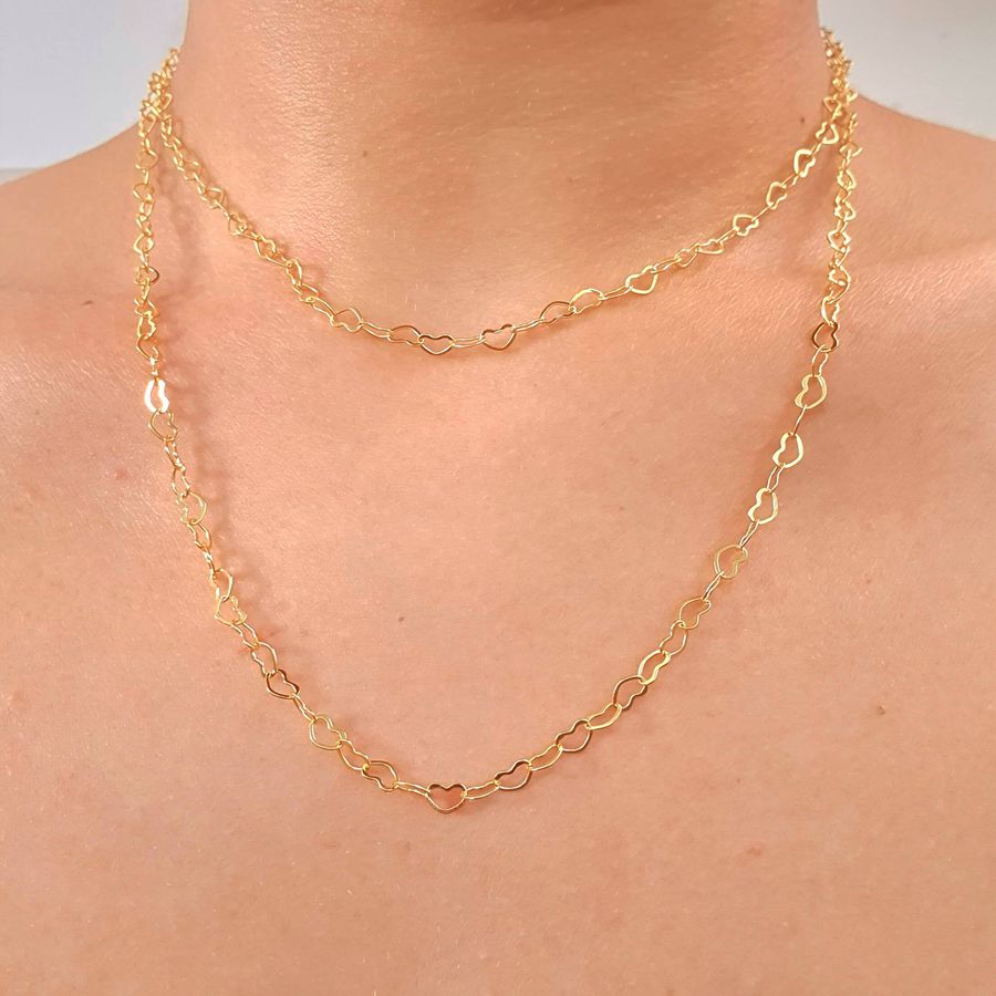 Colar Duplo Folheado A Ouro 18K Coraçãozinhos 