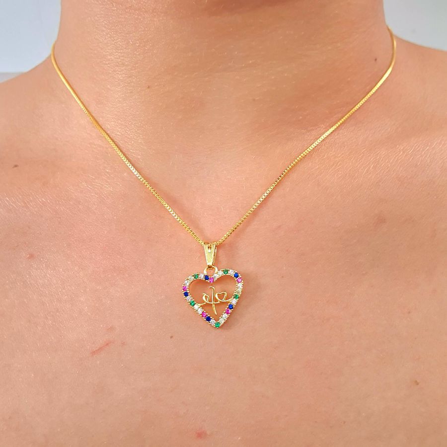 Colar Folheado A Ouro 18K Com Zircônia Fé Com Coração Colorido 