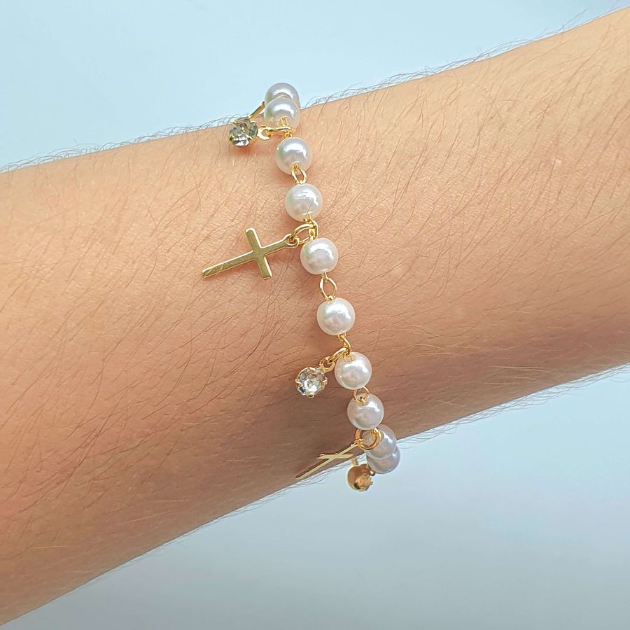 Pulseira Folheada A Ouro 18K Cruz e Pérolas 