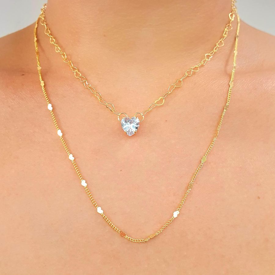 Colar Duplo Folheado A Ouro 18K Coração 