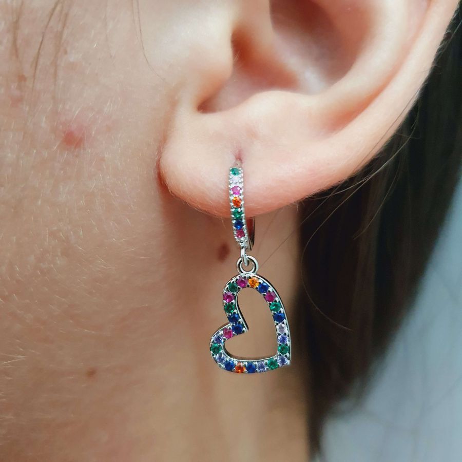 Mini Argola Com Zircônia Coração Prata Colorido 