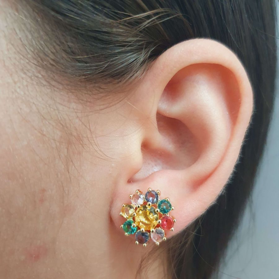 Brinco Zircônia Florzinha Dourada Colorida