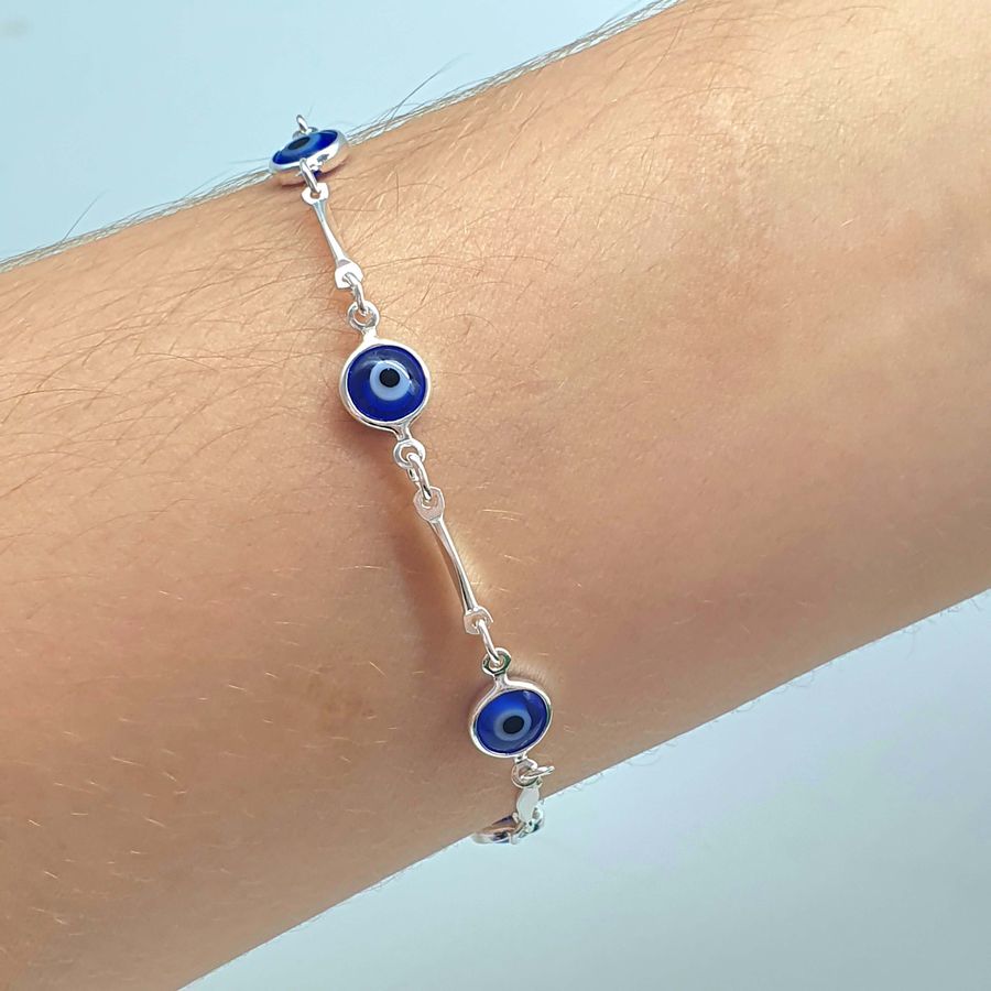 Pulseira Folheada A Prata 925 Olho Grego Azul 