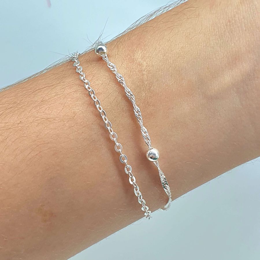 Pulseira Dupla Folheada A Prata 925 Bolinhas 
