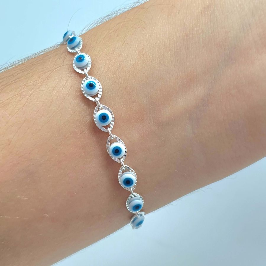 Pulseira Folheada A Prata 925 Olho Grego Branco 
