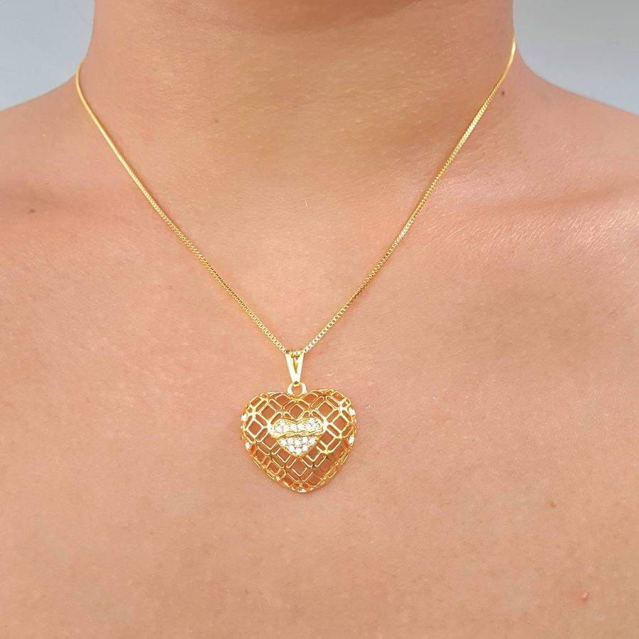 Colar Folheado a Ouro 18K Com Zircônia Coração 