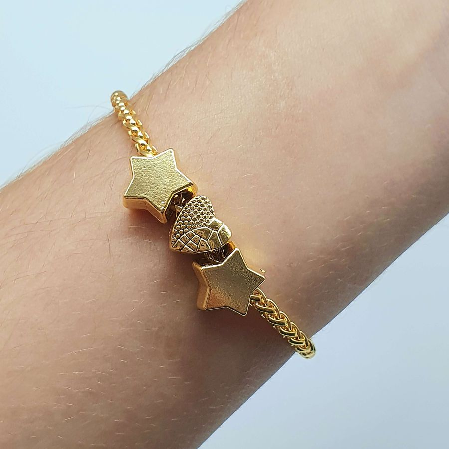 Pulseira Folheada A Ouro 18K Coração e Estrelas 