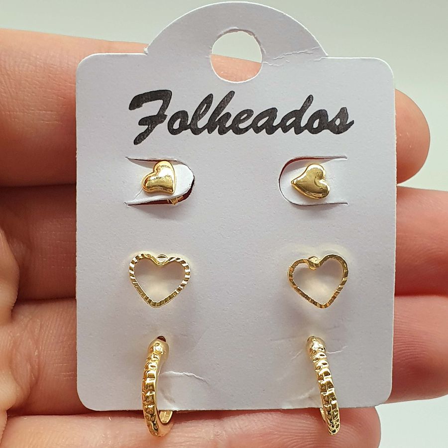 Kit De Brincos Folheados a Ouro 18K Coração 