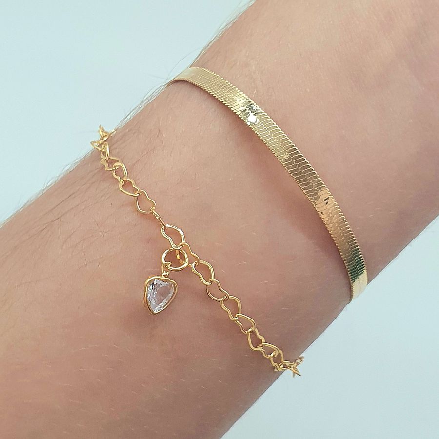 Pulseira Dupla Folheada A Ouro 18K Laminada e Coração 