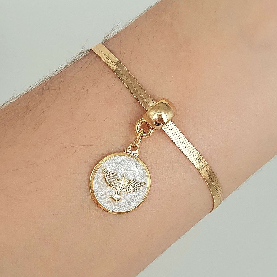 Pulseira Folheada A Ouro 18K Laminada Com Pomba Da Paz 