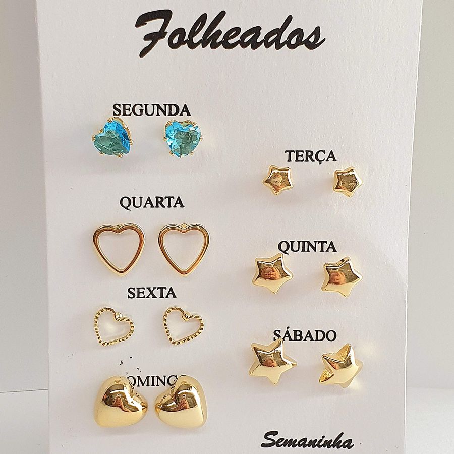 Kit De Brincos Semaninha Folheados a Ouro 18K Coração e Estrela 