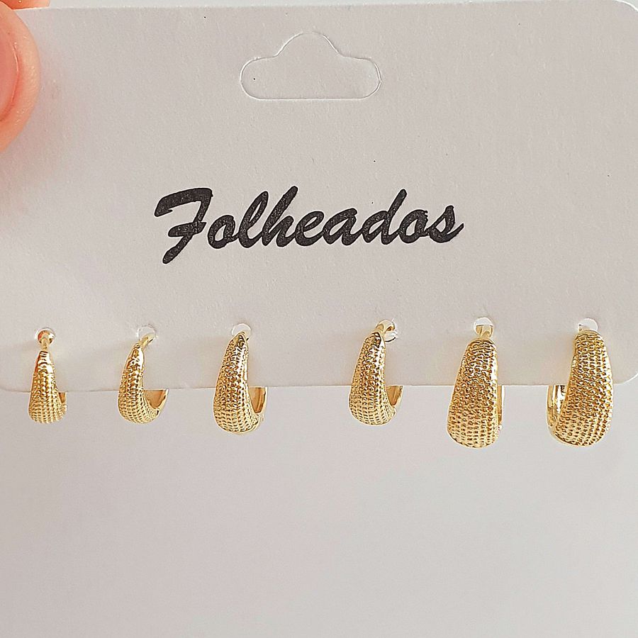 Kit De Mini Argolas Folheadas a Ouro 18K Texturizadas 