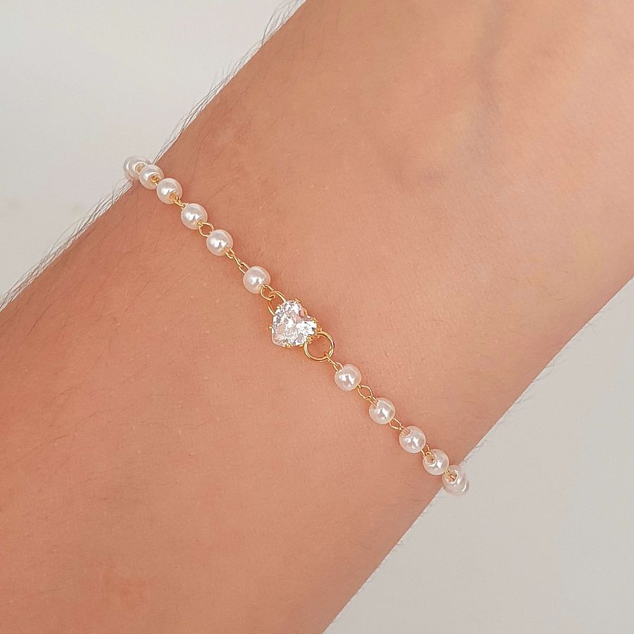 Pulseira Folheada A Ouro 18K Pérolas e Coração 