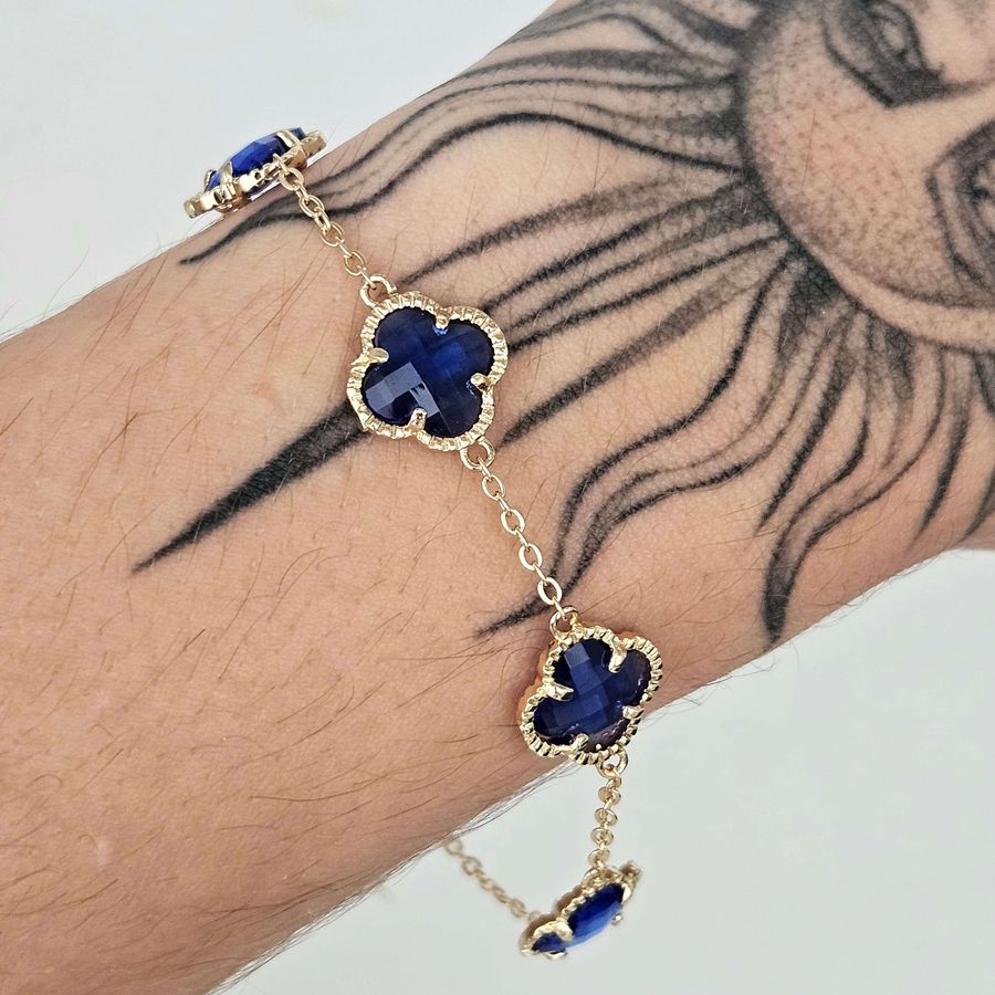 Pulseira Trevo Dourado Azul 