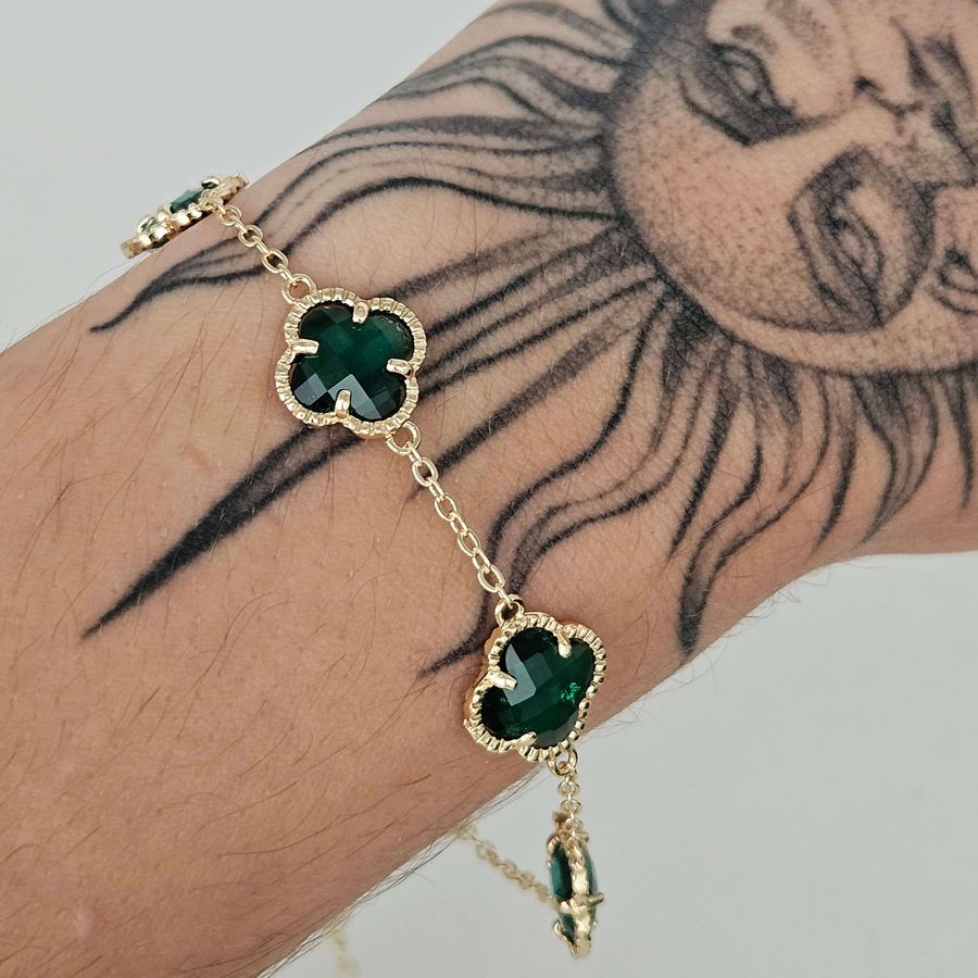 Pulseira Trevo Dourado Verde 