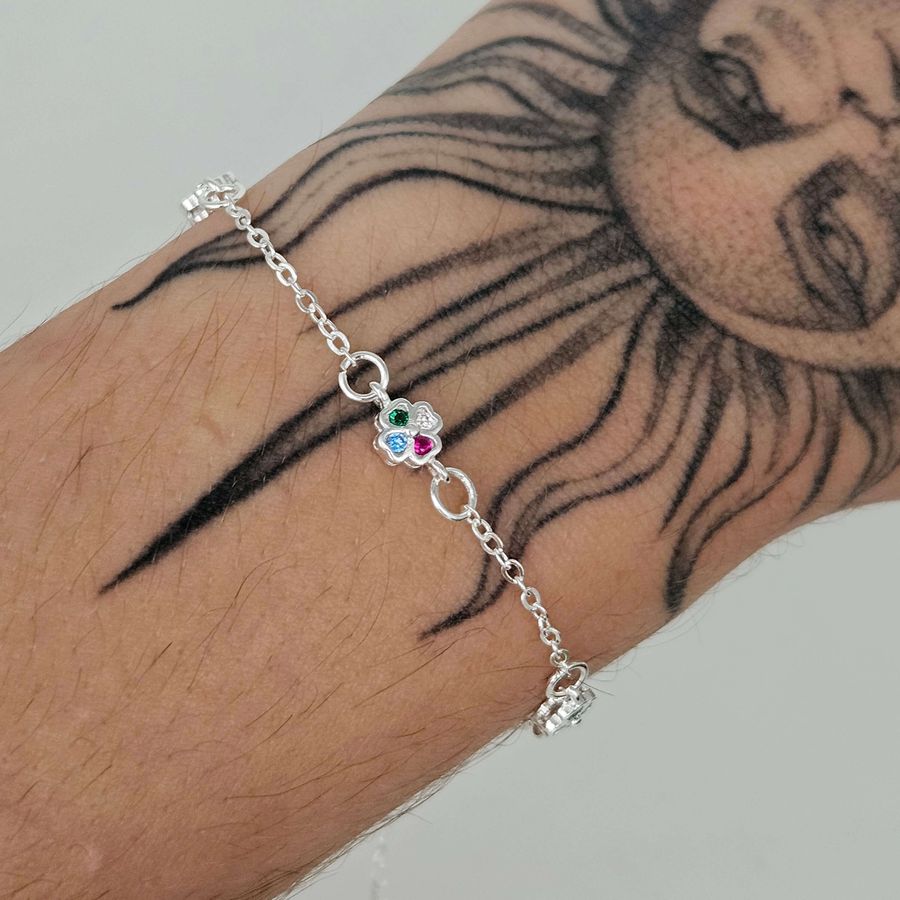 Pulseira Folheada A Prata 925 Com Zircônia Trevo Colorido 