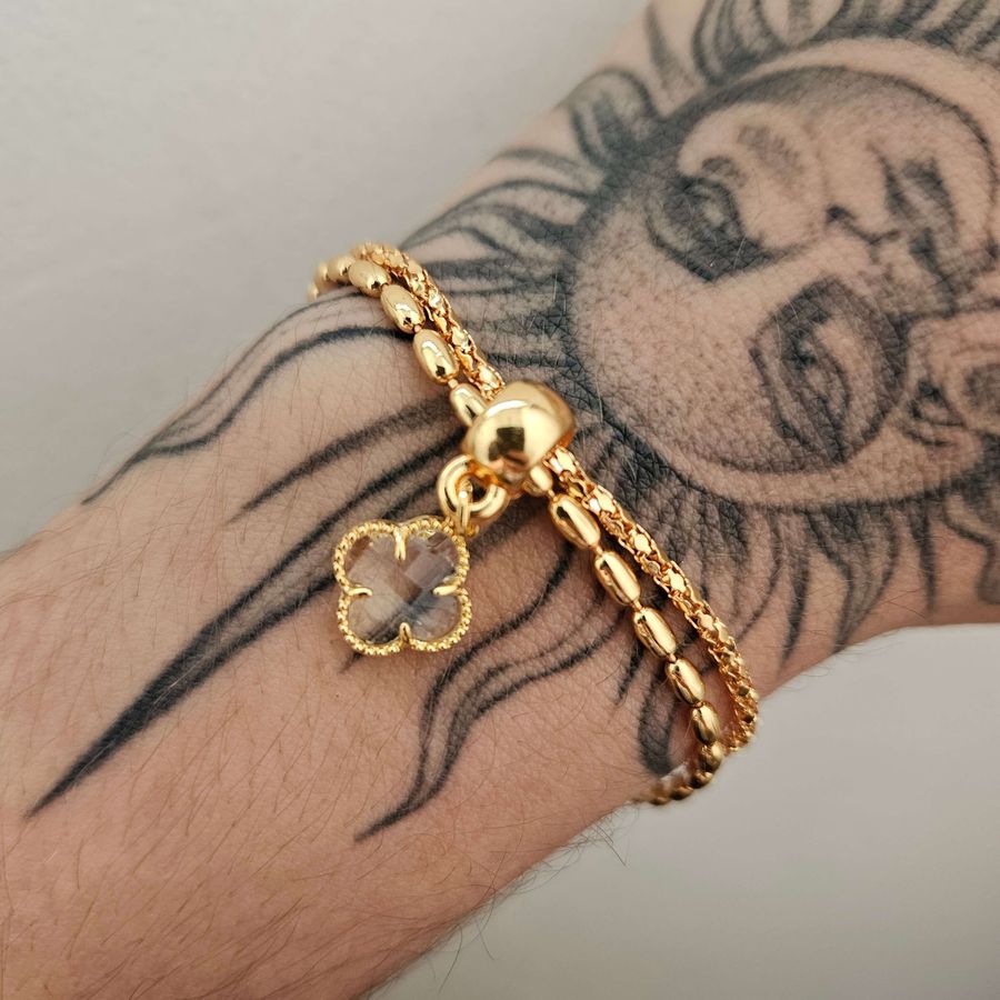 Pulseira Dupla Folheada A Ouro 18K Trevo Branco 
