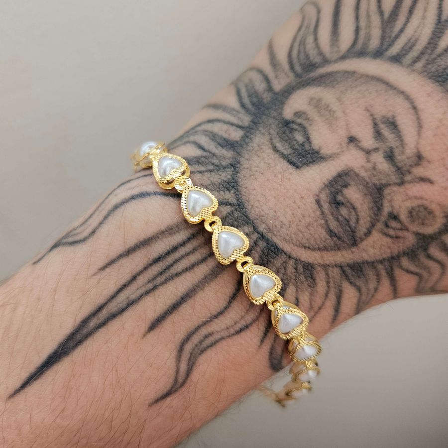 Pulseira Folheada A Ouro 18K Coração Perolado 