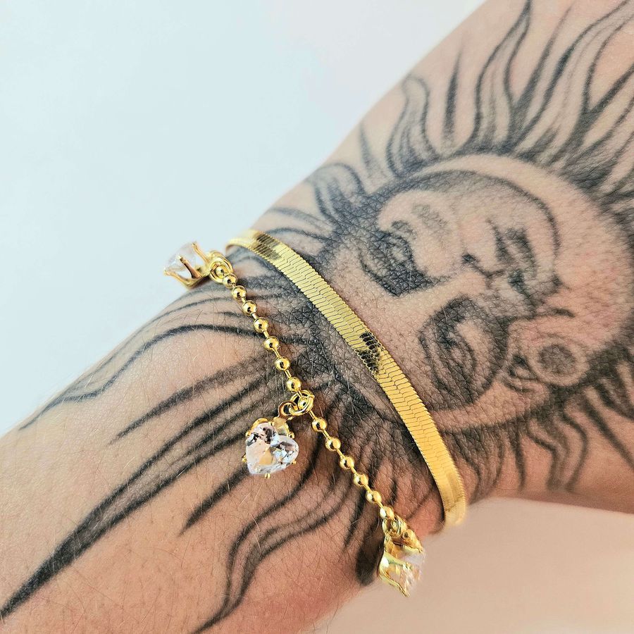 Pulseira Dupla Folheada A Ouro 18K Laminada Com Coração 