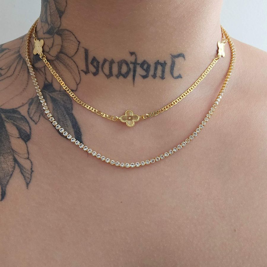 Colar Duplo Folheado a Ouro 18K Com Zircônia Trevo e Riviera 