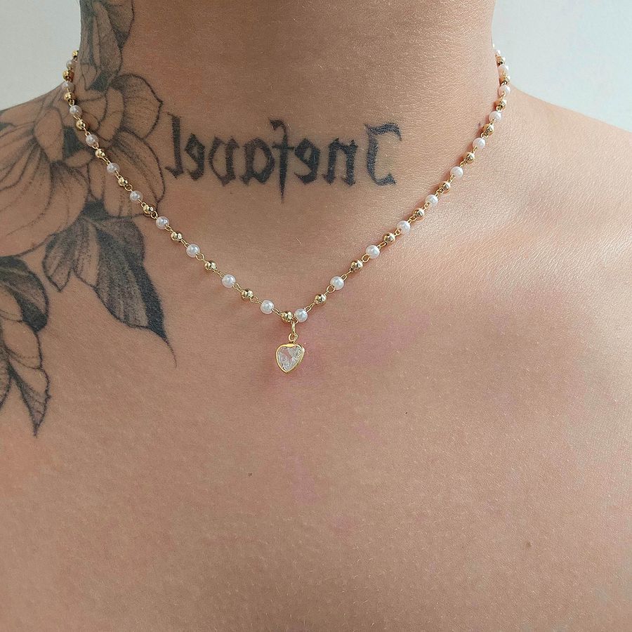 Colar Folheado a Ouro 18K Coração Com Pérolas 
