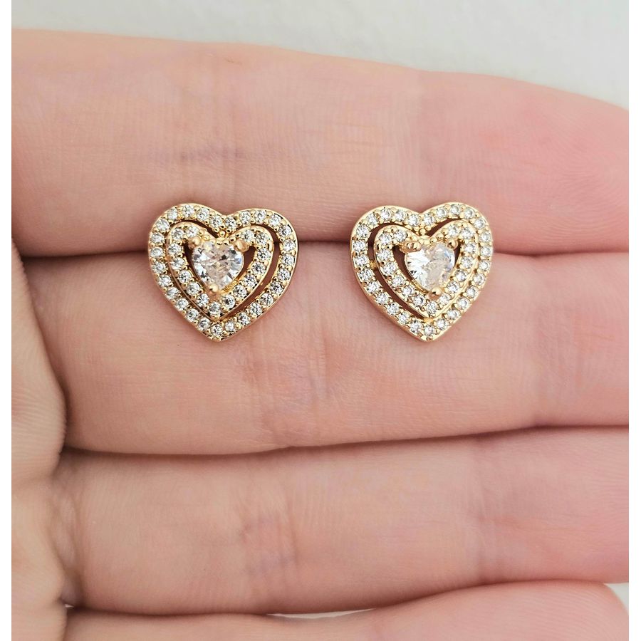 Brinco Com Zircônia Coração Dourado 