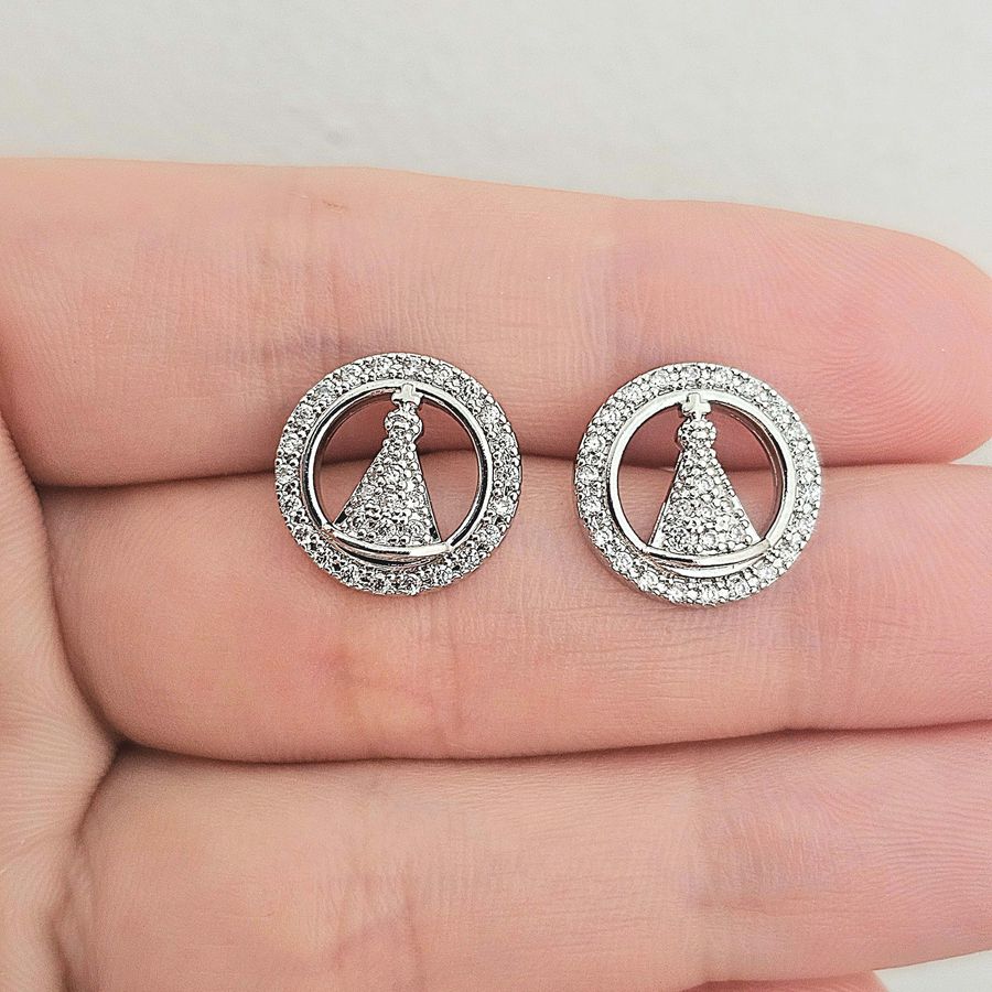 Brinco Com Zircônia Nossa Senhora Aparecida Prata 