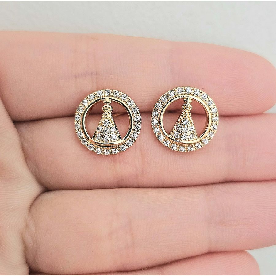 Brinco Com Zircônia Nossa Senhora Aparecida Dourada 
