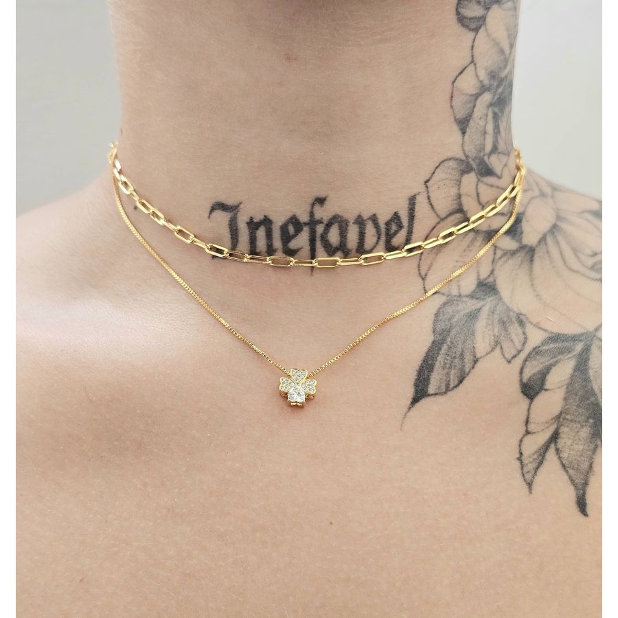 Colar Duplo Folheado a Ouro 18K Trevo