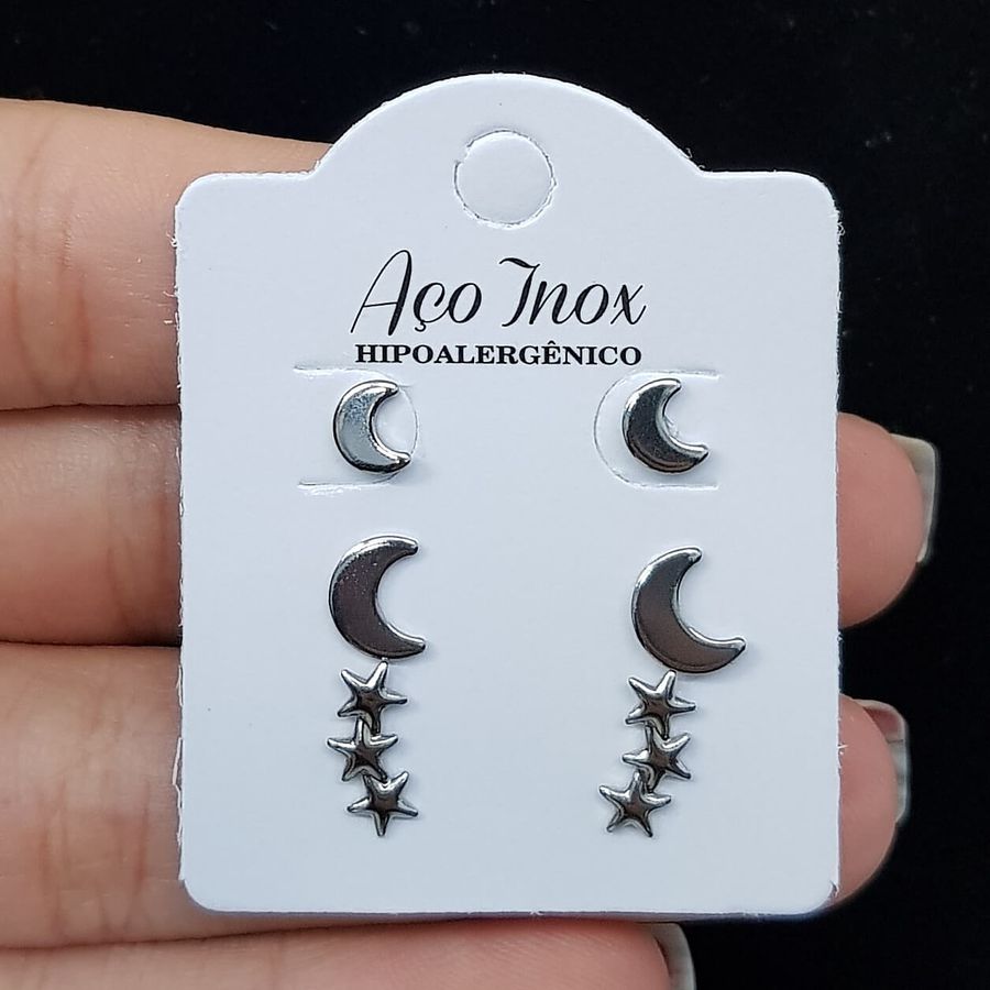 Kit De Mini Brincos Folhedos Prata Lua