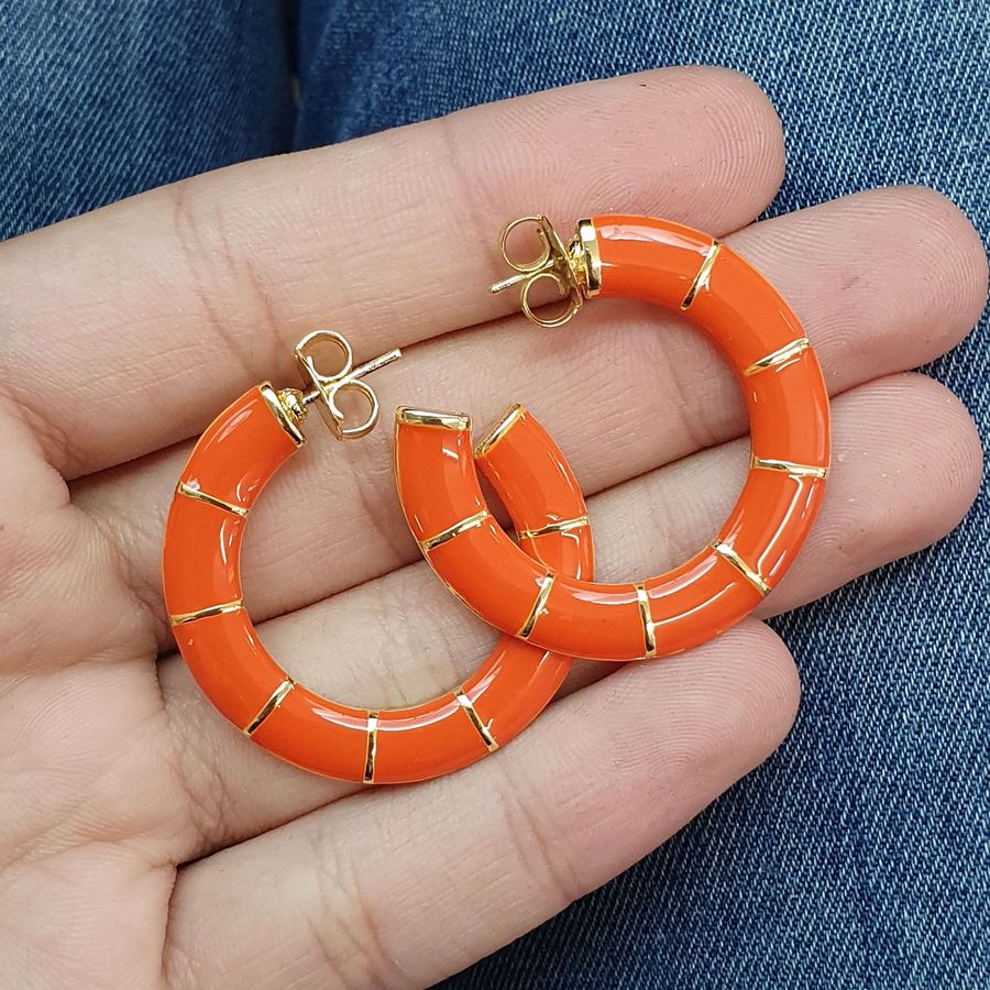 Argola Folheada Esmaltada Dourada Laranja 