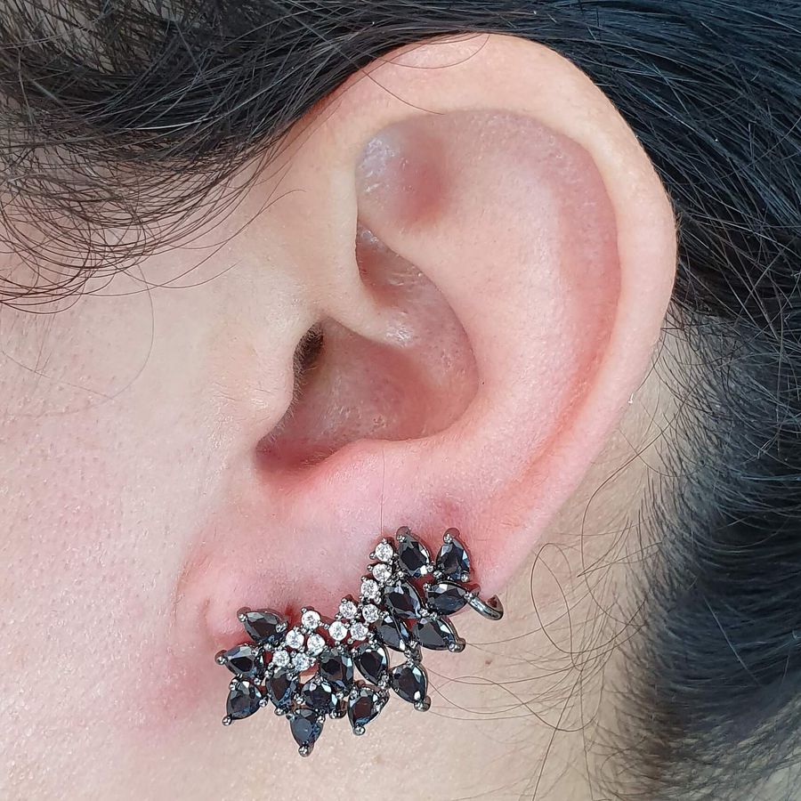Brinco Ear Cuff Semi Joia Ródio Negro Hematita 