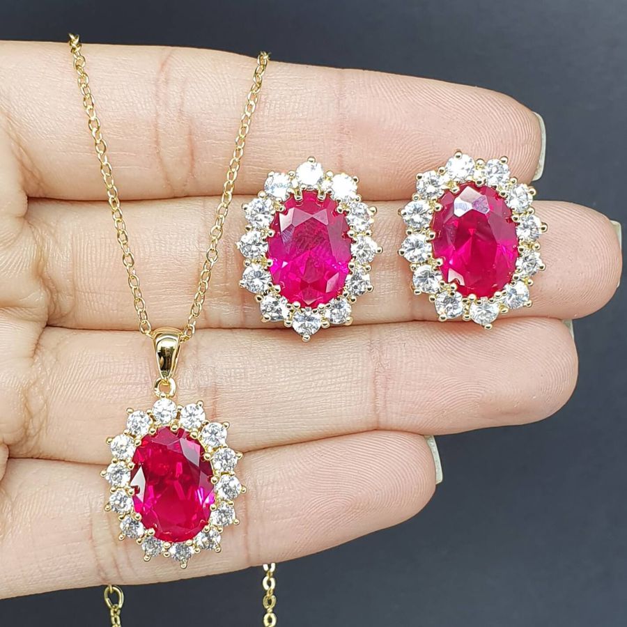 Conjunto Folheado Zircônia Dourado Vermelho 