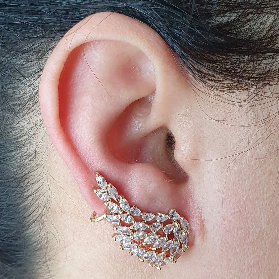 Brinco Ear Cuff Semi Joia Asa Ouro Branco 
