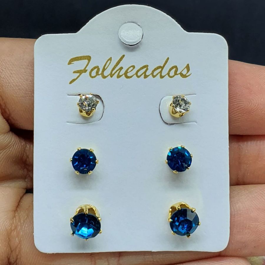 Kit De Brincos Folheados Dourado Azul 