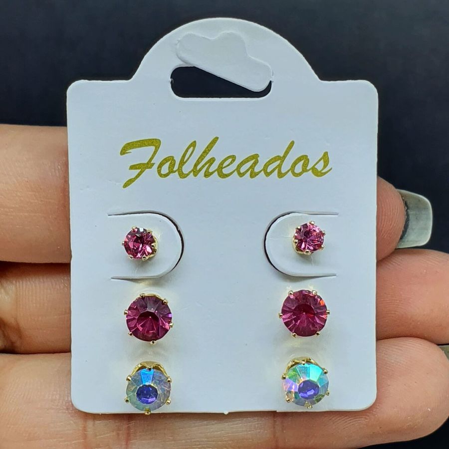 Kit De Brincos Folheados Dourado Rosa