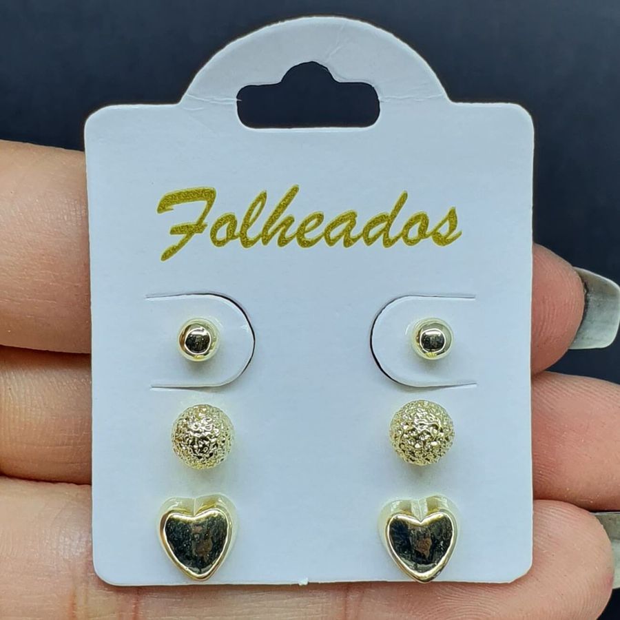 Kit De Brincos Folheados Dourado Coração 