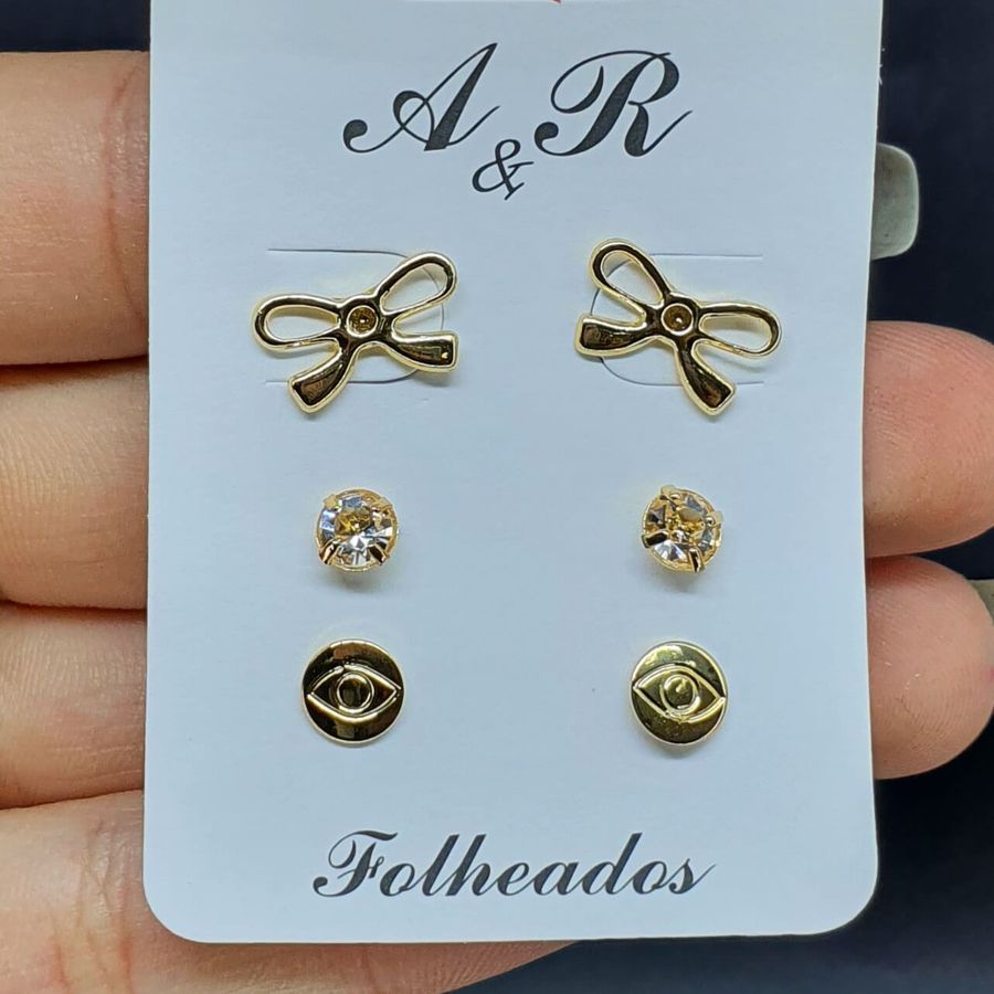 Kit De Brincos Folheados Dourado Laço