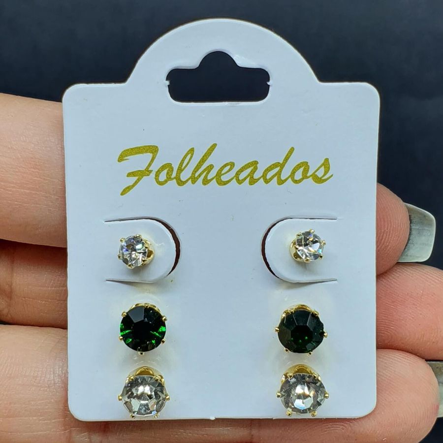 Kit De Brincos Folheados Dourado Verde 