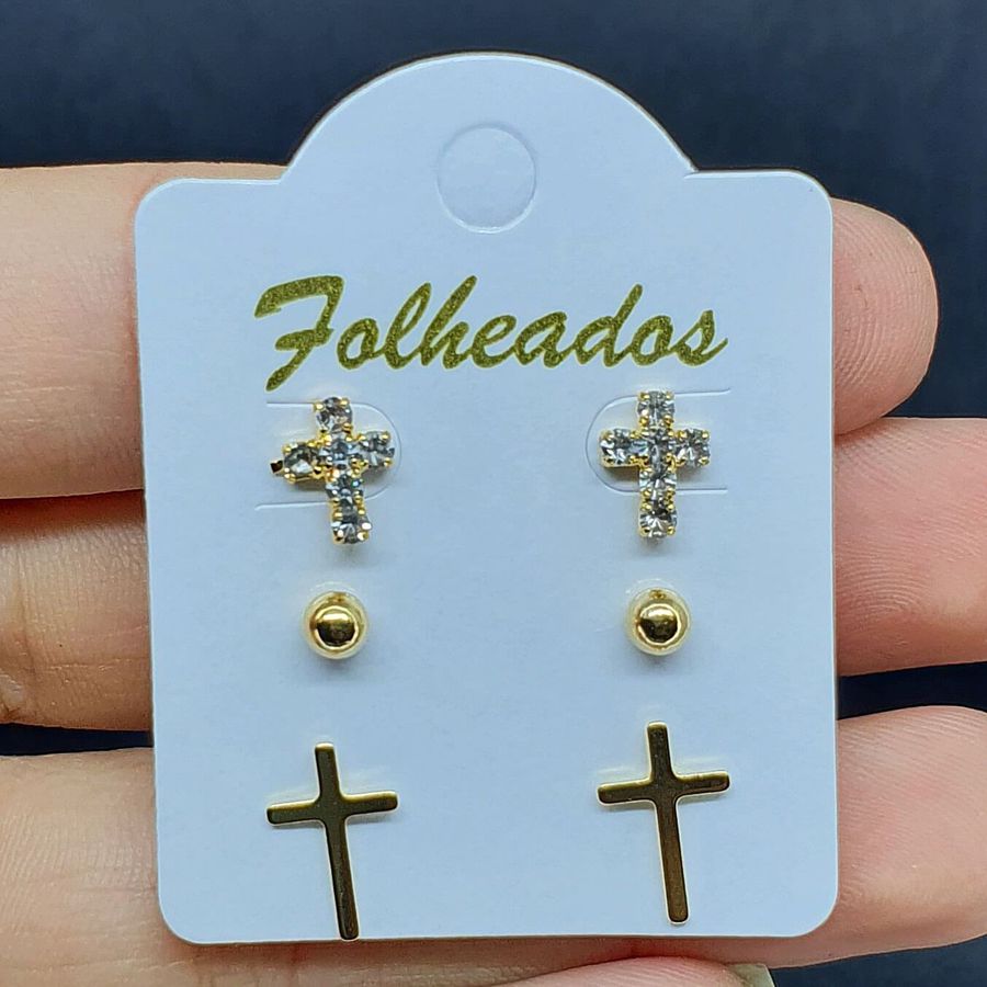 Kit De Brincos Folheados Dourado Cruz 