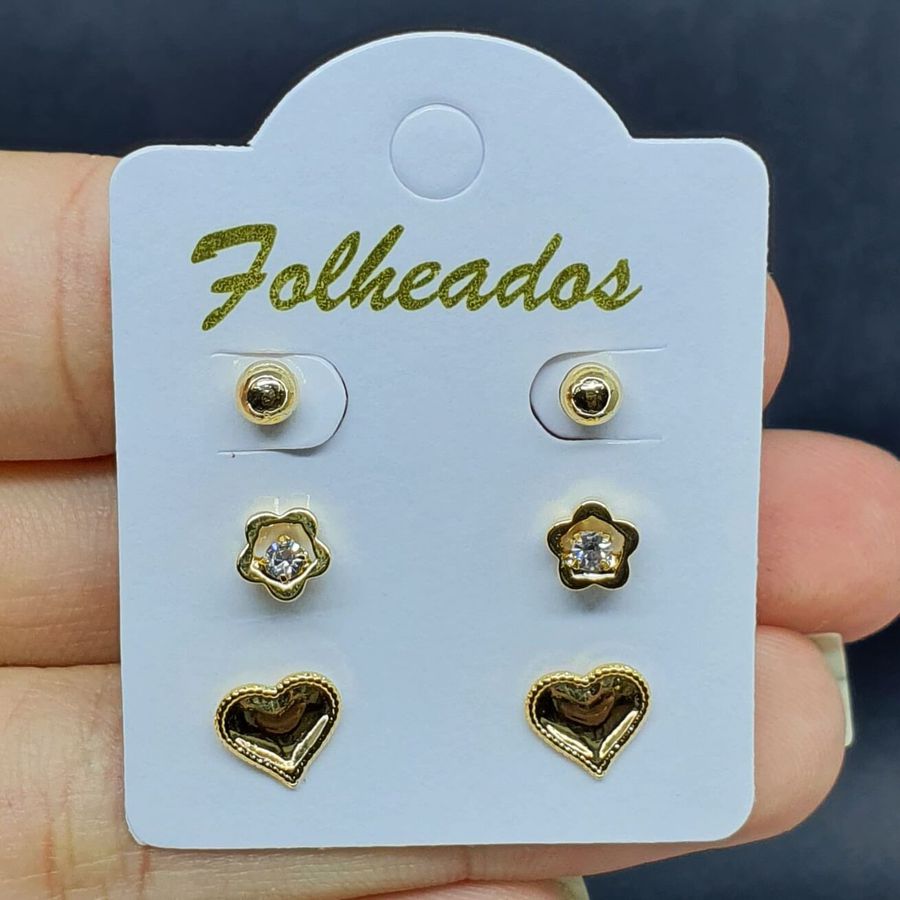 Kit De Brincos Folheados Dourado Coração