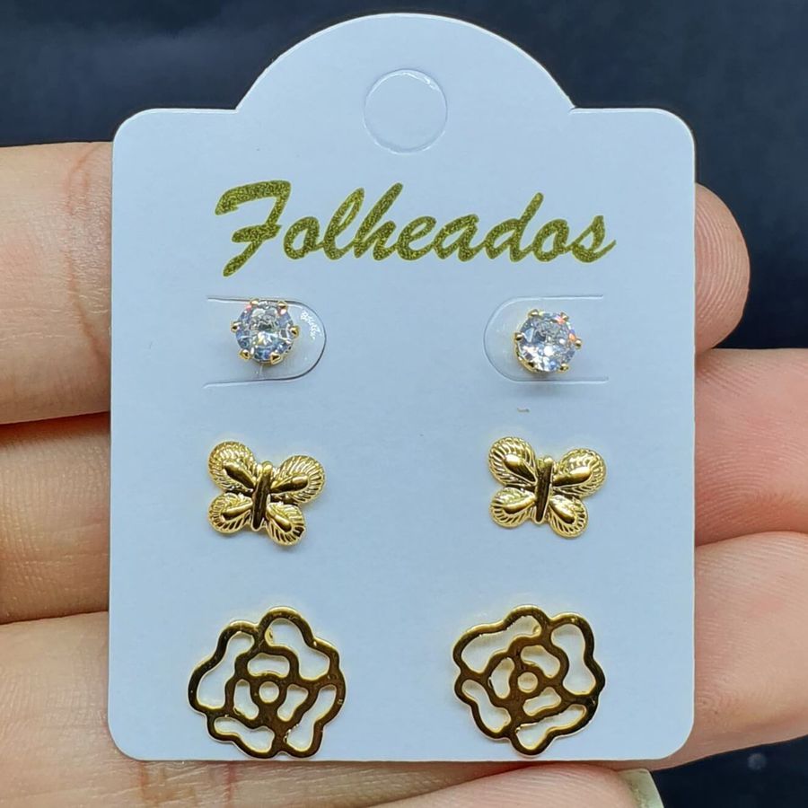 Kit De Brincos Folheados Dourado Flor 
