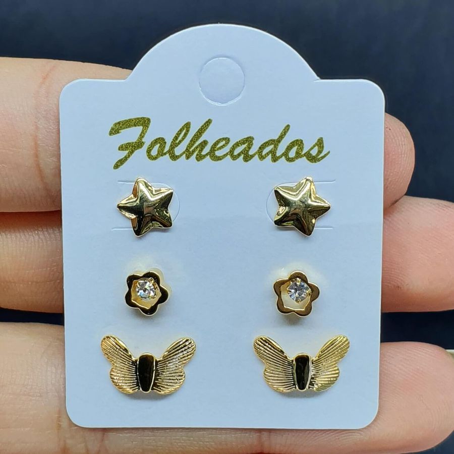 Kit De Brincos Folheados Dourado Borboleta 