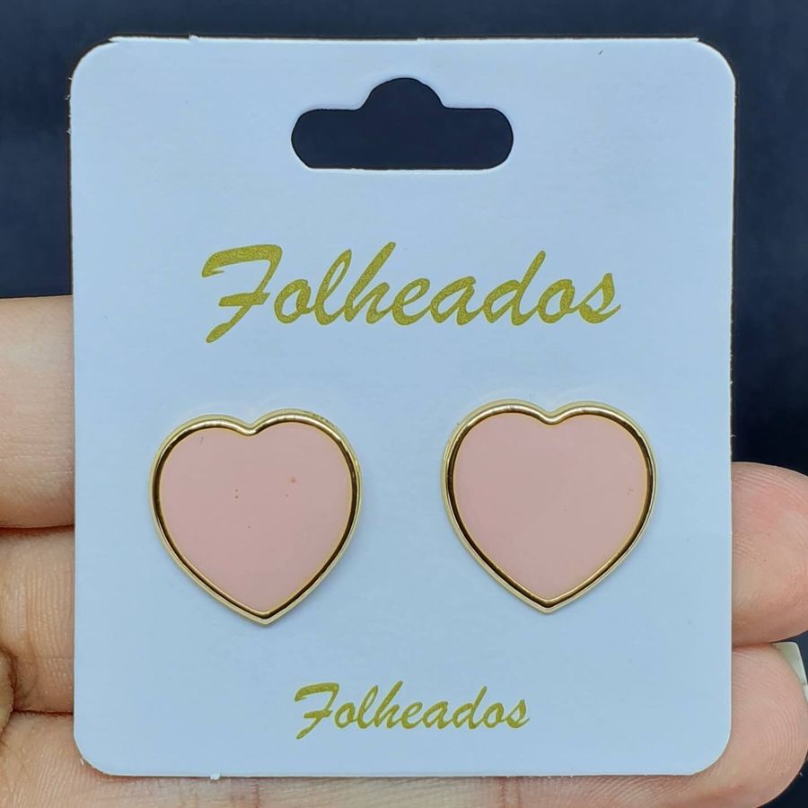 Brinco Folheado Dourado Coração Esmaltado Rosa